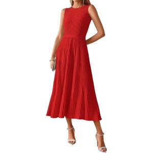 imageBTFBM Women Midi Bodycon Tank Dress Summer Crewneck Sleeveless Pleated A Line Business Casual Knit Sweater Fall DressesBrick Red
