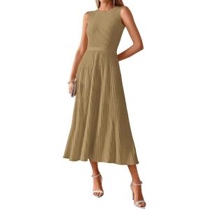 imageBTFBM Women Midi Bodycon Tank Dress Summer Crewneck Sleeveless Pleated A Line Business Casual Knit Sweater Fall DressesCamel