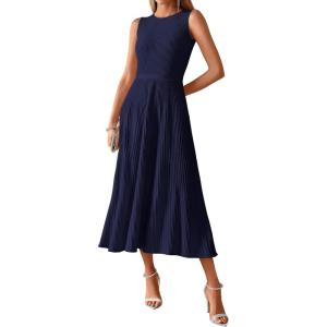 imageBTFBM Women Midi Bodycon Tank Dress Summer Crewneck Sleeveless Pleated A Line Business Casual Knit Sweater Fall DressesNavy