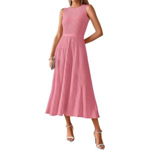 imageBTFBM Women Midi Bodycon Tank Dress Summer Crewneck Sleeveless Pleated A Line Business Casual Knit Sweater Fall DressesPink