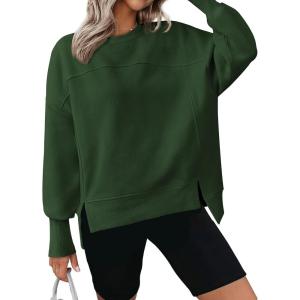 imageBTFBM Womens Casual Crewneck Sweatshirts 2025 Spring Fall Clothes Long Sleeve Side Slit Workout Fleece Pullover TopsDark Green