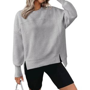 imageBTFBM Womens Casual Crewneck Sweatshirts 2025 Spring Fall Clothes Long Sleeve Side Slit Workout Fleece Pullover TopsGrey
