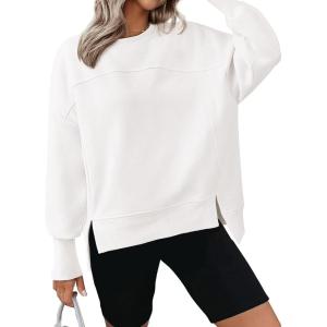 imageBTFBM Womens Casual Crewneck Sweatshirts 2025 Spring Fall Clothes Long Sleeve Side Slit Workout Fleece Pullover TopsWhite