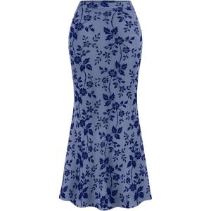 imageBTFBM Womens Floral Mesh Maxi Skirt Elastic High Waisted Boho Elegant Mermaid 2025 Summer Fall Long Skirts for WomenDusty Blue