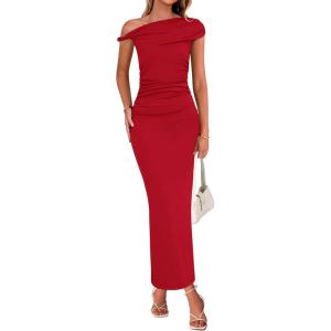 imageBTFBM Womens Formal Cocktail Dresses Fall 2025 One Shoulder Twist Strap Ruched Bodycon Elegant Wedding Party Maxi DressRed