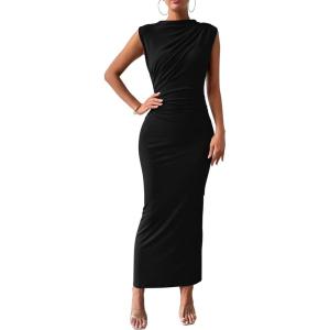 imageBTFBM Womens Ruched Bodycon Dress Summer Casual Sleeveless Back Slit Elegant Club Evening Party Cocktail Maxi DressesBlack