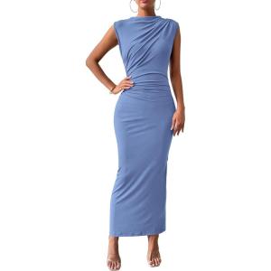 imageBTFBM Womens Ruched Bodycon Dress Summer Casual Sleeveless Back Slit Elegant Club Evening Party Cocktail Maxi DressesBlue