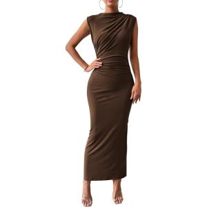 imageBTFBM Womens Ruched Bodycon Dress Summer Casual Sleeveless Back Slit Elegant Club Evening Party Cocktail Maxi DressesCoffee