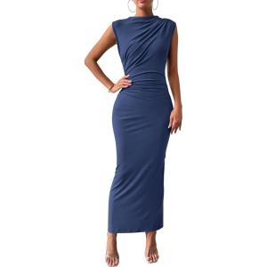 imageBTFBM Womens Ruched Bodycon Dress Summer Casual Sleeveless Back Slit Elegant Club Evening Party Cocktail Maxi DressesDark Grey Blue