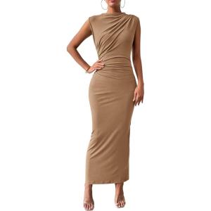 imageBTFBM Womens Ruched Bodycon Dress Summer Casual Sleeveless Back Slit Elegant Club Evening Party Cocktail Maxi DressesDark Khaki