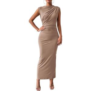 imageBTFBM Womens Ruched Bodycon Dress Summer Casual Sleeveless Back Slit Elegant Club Evening Party Cocktail Maxi DressesKhaki