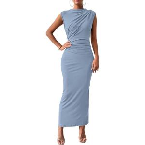 imageBTFBM Womens Ruched Bodycon Dress Summer Casual Sleeveless Back Slit Elegant Club Evening Party Cocktail Maxi DressesLight Blue