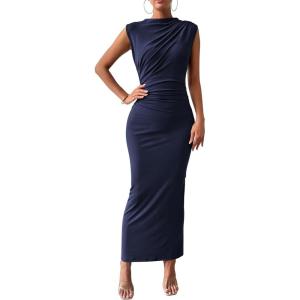 imageBTFBM Womens Ruched Bodycon Dress Summer Casual Sleeveless Back Slit Elegant Club Evening Party Cocktail Maxi DressesNavy