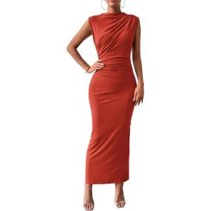 imageBTFBM Womens Ruched Bodycon Dress Summer Casual Sleeveless Back Slit Elegant Club Evening Party Cocktail Maxi DressesOrange Red
