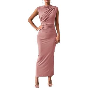 imageBTFBM Womens Ruched Bodycon Dress Summer Casual Sleeveless Back Slit Elegant Club Evening Party Cocktail Maxi DressesPink
