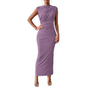 imageBTFBM Womens Ruched Bodycon Dress Summer Casual Sleeveless Back Slit Elegant Club Evening Party Cocktail Maxi DressesPurple