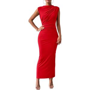 imageBTFBM Womens Ruched Bodycon Dress Summer Casual Sleeveless Back Slit Elegant Club Evening Party Cocktail Maxi DressesRed