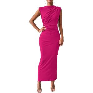 imageBTFBM Womens Ruched Bodycon Dress Summer Casual Sleeveless Back Slit Elegant Club Evening Party Cocktail Maxi DressesRose Red
