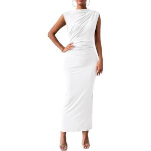 imageBTFBM Womens Ruched Bodycon Dress Summer Casual Sleeveless Back Slit Elegant Club Evening Party Cocktail Maxi DressesWhite