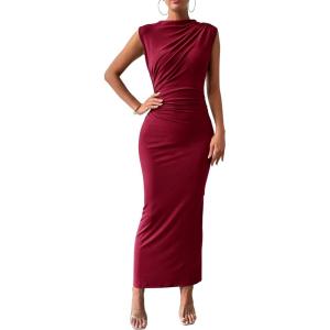 imageBTFBM Womens Ruched Bodycon Dress Summer Casual Sleeveless Back Slit Elegant Club Evening Party Cocktail Maxi DressesWine Red
