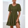 imageBTFBM Spring Empire Waist Dress for Women 2025 Summer Smocked Crewneck Puff Short Sleeve Beach Vacation Mini DressesArmy Green