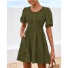 imageBTFBM Spring Empire Waist Dress for Women 2025 Summer Smocked Crewneck Puff Short Sleeve Beach Vacation Mini DressesArmy Green
