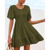 imageBTFBM Spring Empire Waist Dress for Women 2025 Summer Smocked Crewneck Puff Short Sleeve Beach Vacation Mini DressesArmy Green