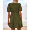 imageBTFBM Spring Empire Waist Dress for Women 2025 Summer Smocked Crewneck Puff Short Sleeve Beach Vacation Mini DressesArmy Green