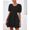 imageBTFBM Spring Empire Waist Dress for Women 2025 Summer Smocked Crewneck Puff Short Sleeve Beach Vacation Mini DressesBlack
