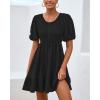 imageBTFBM Spring Empire Waist Dress for Women 2025 Summer Smocked Crewneck Puff Short Sleeve Beach Vacation Mini DressesBlack