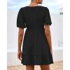 imageBTFBM Spring Empire Waist Dress for Women 2025 Summer Smocked Crewneck Puff Short Sleeve Beach Vacation Mini DressesBlack
