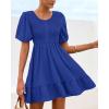 imageBTFBM Spring Empire Waist Dress for Women 2025 Summer Smocked Crewneck Puff Short Sleeve Beach Vacation Mini DressesBlue
