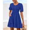 imageBTFBM Spring Empire Waist Dress for Women 2025 Summer Smocked Crewneck Puff Short Sleeve Beach Vacation Mini DressesBlue