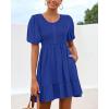 imageBTFBM Spring Empire Waist Dress for Women 2025 Summer Smocked Crewneck Puff Short Sleeve Beach Vacation Mini DressesBlue