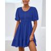 imageBTFBM Spring Empire Waist Dress for Women 2025 Summer Smocked Crewneck Puff Short Sleeve Beach Vacation Mini DressesBlue