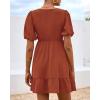 imageBTFBM Spring Empire Waist Dress for Women 2025 Summer Smocked Crewneck Puff Short Sleeve Beach Vacation Mini DressesBrick Red