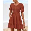 imageBTFBM Spring Empire Waist Dress for Women 2025 Summer Smocked Crewneck Puff Short Sleeve Beach Vacation Mini DressesBrick Red