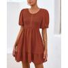imageBTFBM Spring Empire Waist Dress for Women 2025 Summer Smocked Crewneck Puff Short Sleeve Beach Vacation Mini DressesBrick Red