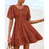 imageBTFBM Spring Empire Waist Dress for Women 2025 Summer Smocked Crewneck Puff Short Sleeve Beach Vacation Mini DressesBrick Red