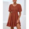 imageBTFBM Spring Empire Waist Dress for Women 2025 Summer Smocked Crewneck Puff Short Sleeve Beach Vacation Mini DressesBrick Red