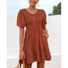imageBTFBM Spring Empire Waist Dress for Women 2025 Summer Smocked Crewneck Puff Short Sleeve Beach Vacation Mini DressesBrick Red