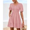imageBTFBM Spring Empire Waist Dress for Women 2025 Summer Smocked Crewneck Puff Short Sleeve Beach Vacation Mini DressesPink