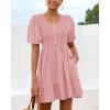 imageBTFBM Spring Empire Waist Dress for Women 2025 Summer Smocked Crewneck Puff Short Sleeve Beach Vacation Mini DressesPink