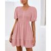 imageBTFBM Spring Empire Waist Dress for Women 2025 Summer Smocked Crewneck Puff Short Sleeve Beach Vacation Mini DressesPink