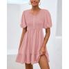 imageBTFBM Spring Empire Waist Dress for Women 2025 Summer Smocked Crewneck Puff Short Sleeve Beach Vacation Mini DressesPink