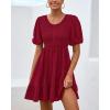 imageBTFBM Spring Empire Waist Dress for Women 2025 Summer Smocked Crewneck Puff Short Sleeve Beach Vacation Mini DressesRed