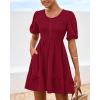 imageBTFBM Spring Empire Waist Dress for Women 2025 Summer Smocked Crewneck Puff Short Sleeve Beach Vacation Mini DressesRed