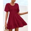imageBTFBM Spring Empire Waist Dress for Women 2025 Summer Smocked Crewneck Puff Short Sleeve Beach Vacation Mini DressesRed