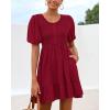 imageBTFBM Spring Empire Waist Dress for Women 2025 Summer Smocked Crewneck Puff Short Sleeve Beach Vacation Mini DressesRed