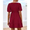 imageBTFBM Spring Empire Waist Dress for Women 2025 Summer Smocked Crewneck Puff Short Sleeve Beach Vacation Mini DressesRed